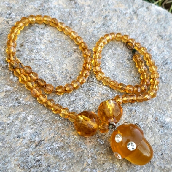 Antique Bakelite Acorn Rhiestone Pendant Necklace - Picture 6 of 13